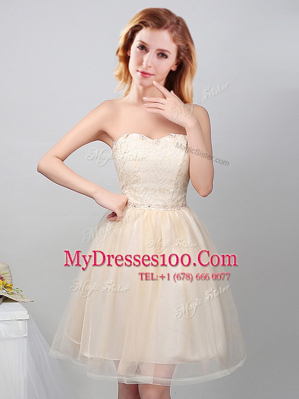 Champagne Sweetheart Neckline Lace and Appliques Bridesmaid Gown Sleeveless Lace Up