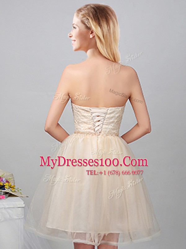 Champagne Sweetheart Neckline Lace and Appliques Bridesmaid Gown Sleeveless Lace Up