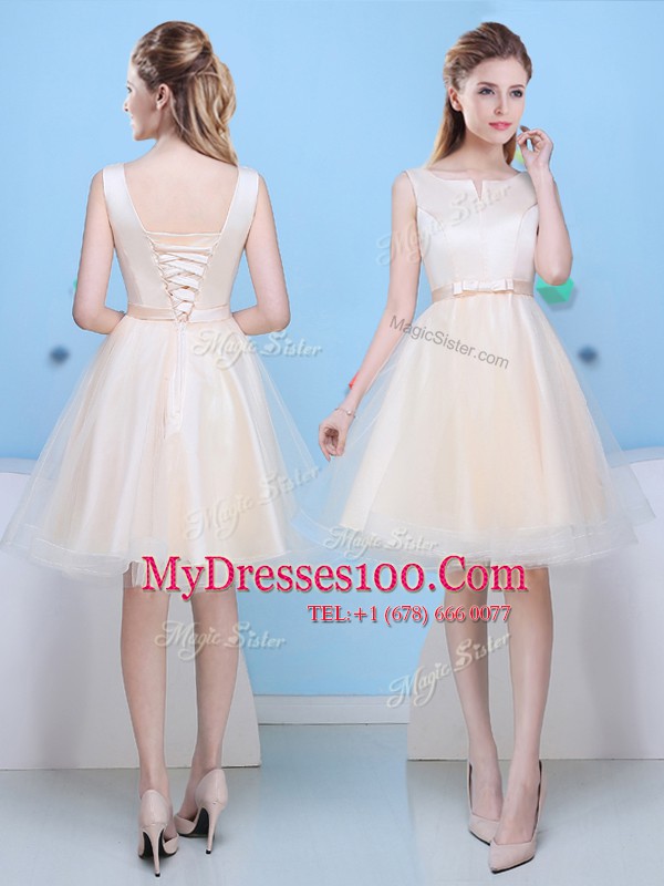 Luxurious Champagne Bridesmaid Gown Prom and Party and For with Bowknot Scoop Sleeveless Lace Up