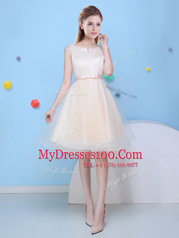 Luxurious Champagne Bridesmaid Gown Prom and Party and For with Bowknot Scoop Sleeveless Lace Up