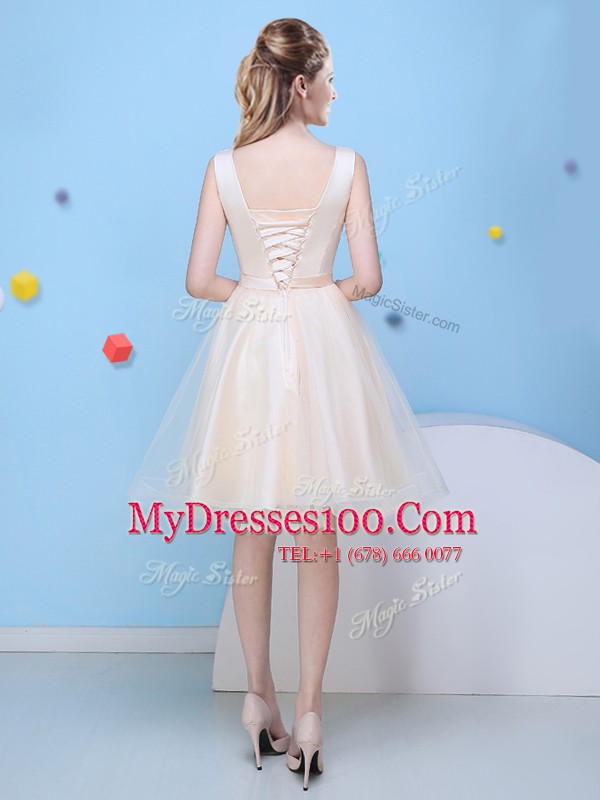 Luxurious Champagne Bridesmaid Gown Prom and Party and For with Bowknot Scoop Sleeveless Lace Up