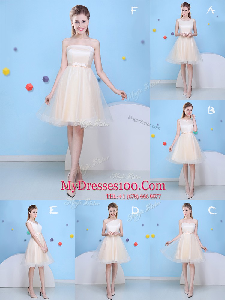 Luxurious Champagne Bridesmaid Gown Prom and Party and For with Bowknot Scoop Sleeveless Lace Up