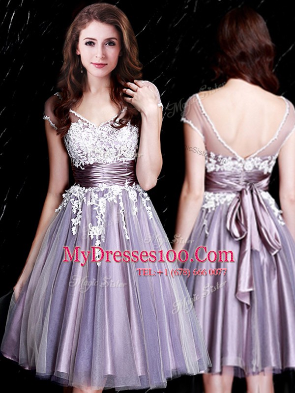 V-neck Short Sleeves Tulle Vestidos de Damas Appliques and Belt Zipper