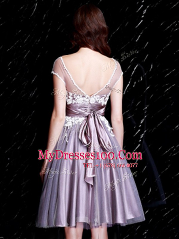V-neck Short Sleeves Tulle Vestidos de Damas Appliques and Belt Zipper
