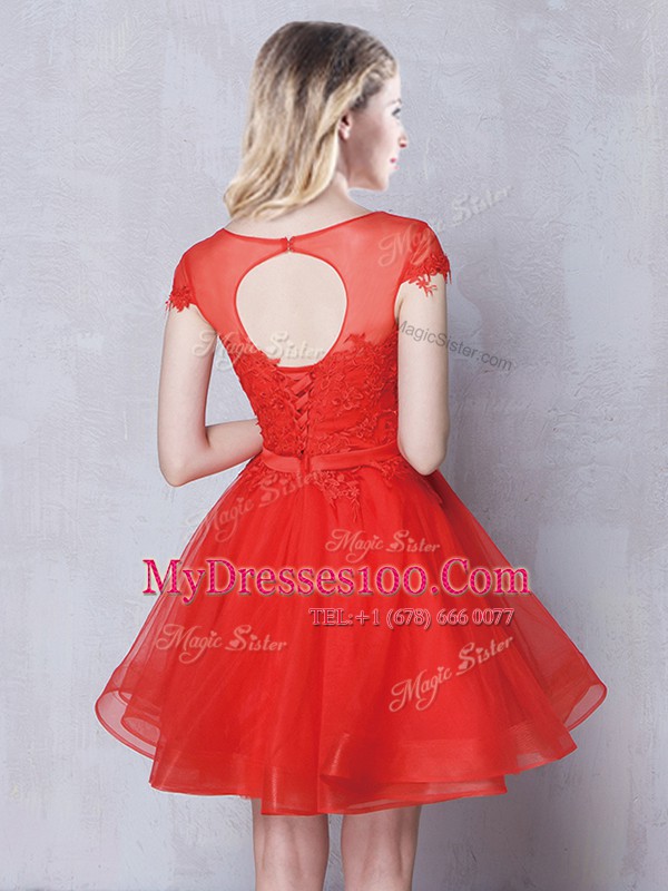 Lovely Scoop Red Tulle Lace Up Vestidos de Damas Short Sleeves Mini Length Appliques and Belt