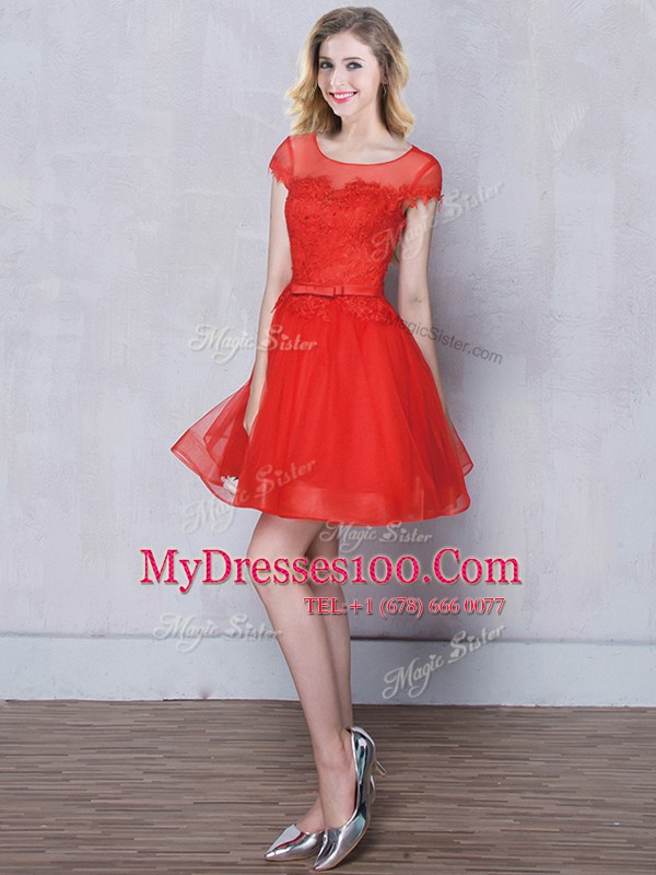 Lovely Scoop Red Tulle Lace Up Vestidos de Damas Short Sleeves Mini Length Appliques and Belt