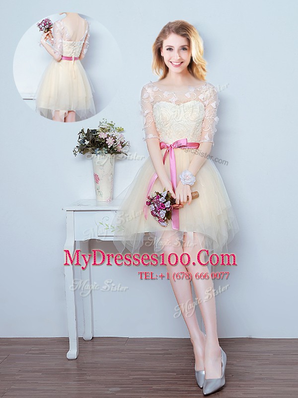 Colorful Champagne Lace Up Scoop Lace and Appliques and Ruffles and Bowknot Bridesmaid Gown Tulle Half Sleeves