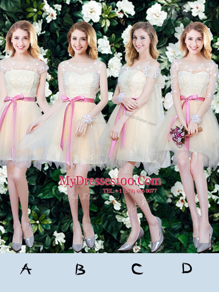 Colorful Champagne Lace Up Scoop Lace and Appliques and Ruffles and Bowknot Bridesmaid Gown Tulle Half Sleeves