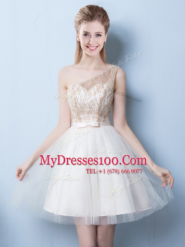 Edgy Champagne Tulle Lace Up One Shoulder Sleeveless Mini Length Vestidos de Damas Sequins and Bowknot