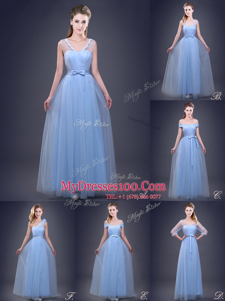Light Blue Lace Up Straps Ruching and Bowknot Court Dresses for Sweet 16 Tulle Sleeveless