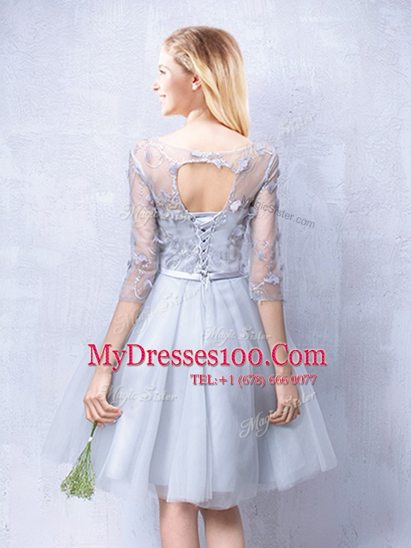 Scoop Half Sleeves Tulle Knee Length Lace Up Court Dresses for Sweet 16 in Grey with Lace and Appliques and Belt
