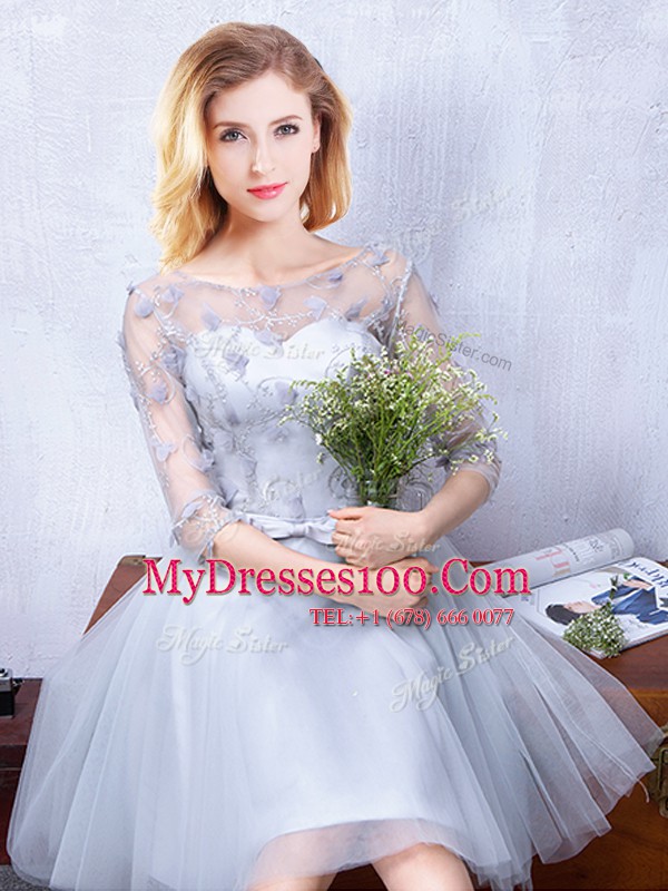 Scoop Half Sleeves Tulle Knee Length Lace Up Court Dresses for Sweet 16 in Grey with Lace and Appliques and Belt
