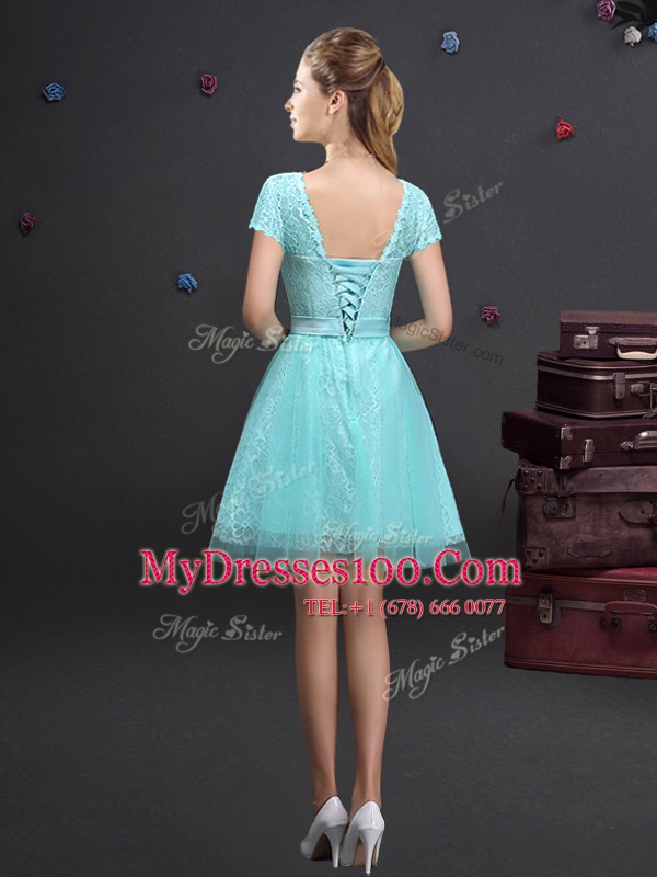 Custom Fit Short Sleeves Tulle Mini Length Lace Up Bridesmaids Dress in Aqua Blue with Lace and Appliques and Belt