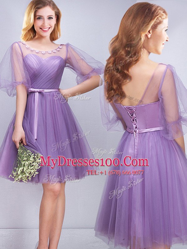 Elegant Scoop Half Sleeves Quinceanera Court of Honor Dress Mini Length Appliques and Ruching and Belt Lavender Tulle