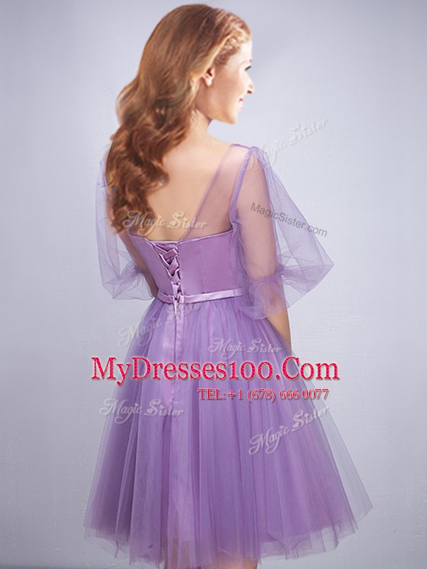 Elegant Scoop Half Sleeves Quinceanera Court of Honor Dress Mini Length Appliques and Ruching and Belt Lavender Tulle