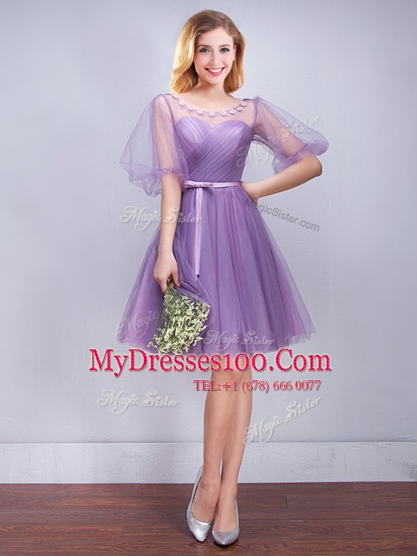 Elegant Scoop Half Sleeves Quinceanera Court of Honor Dress Mini Length Appliques and Ruching and Belt Lavender Tulle
