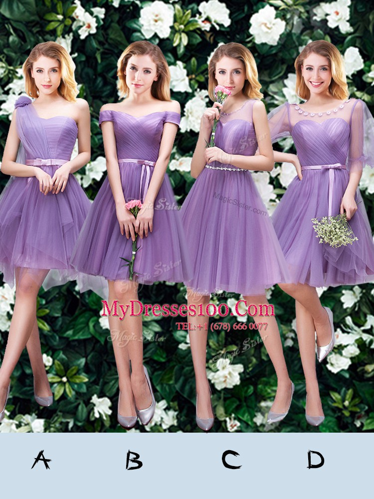 Elegant Scoop Half Sleeves Quinceanera Court of Honor Dress Mini Length Appliques and Ruching and Belt Lavender Tulle