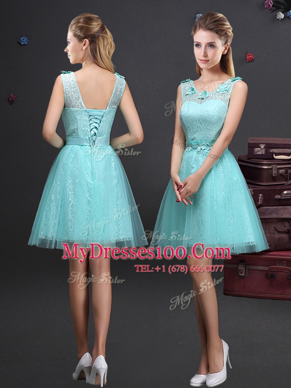 Chic Scoop Aqua Blue Lace Up Bridesmaid Dress Lace and Appliques and Belt Sleeveless Mini Length