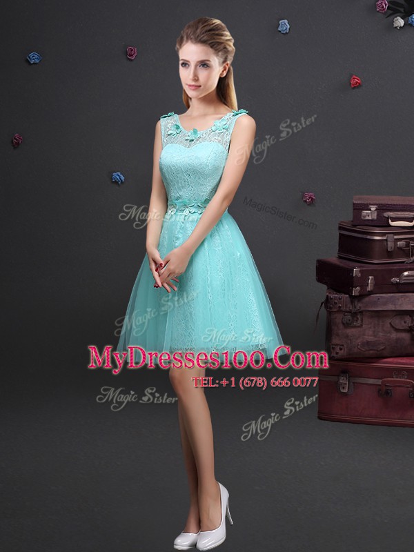 Chic Scoop Aqua Blue Lace Up Bridesmaid Dress Lace and Appliques and Belt Sleeveless Mini Length