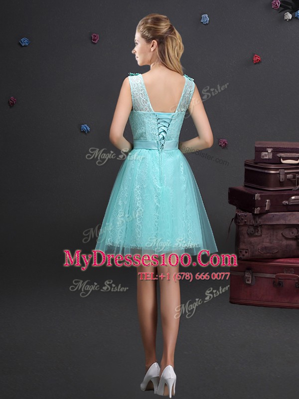 Chic Scoop Aqua Blue Lace Up Bridesmaid Dress Lace and Appliques and Belt Sleeveless Mini Length