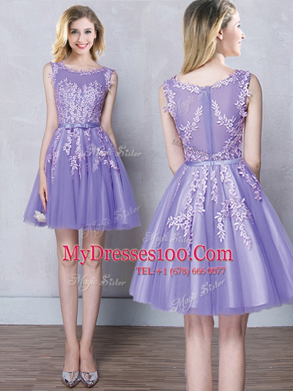 Smart Lavender Tulle Zipper Scoop Sleeveless Mini Length Quinceanera Court Dresses Appliques and Belt