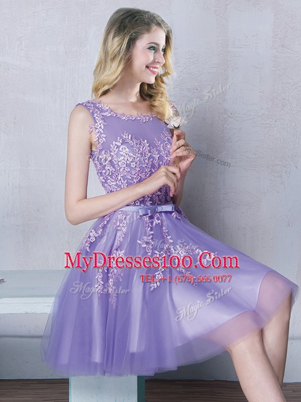 Smart Lavender Tulle Zipper Scoop Sleeveless Mini Length Quinceanera Court Dresses Appliques and Belt