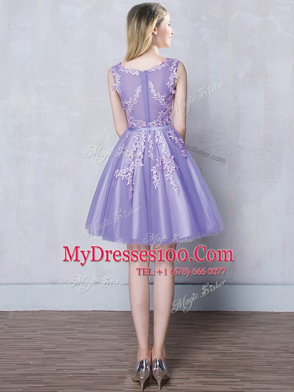 Smart Lavender Tulle Zipper Scoop Sleeveless Mini Length Quinceanera Court Dresses Appliques and Belt