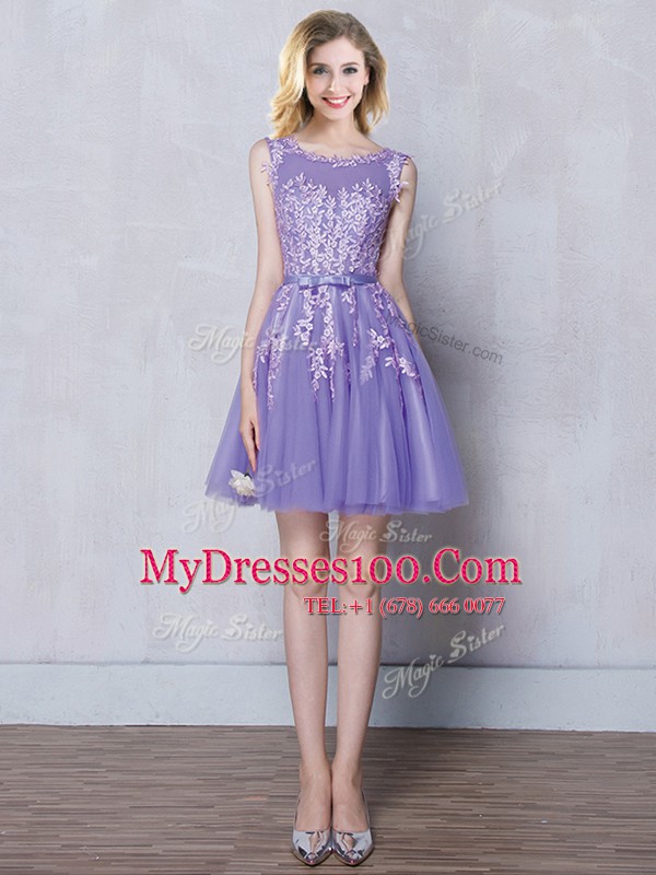 Smart Lavender Tulle Zipper Scoop Sleeveless Mini Length Quinceanera Court Dresses Appliques and Belt
