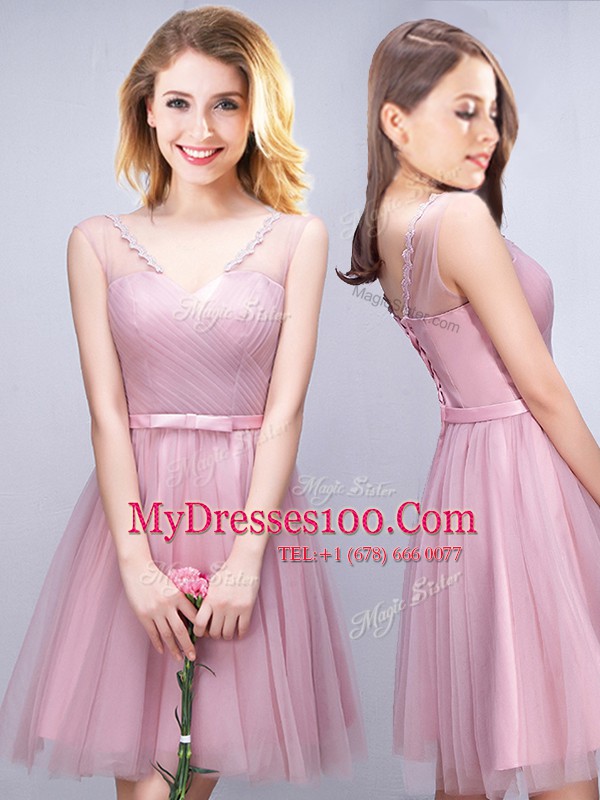 New Arrival Pink Lace Up V-neck Ruching and Bowknot Wedding Party Dress Tulle Sleeveless