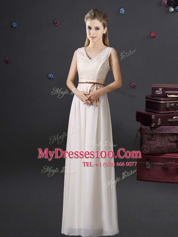 Free and Easy Floor Length Empire Sleeveless White Wedding Guest Dresses Lace Up