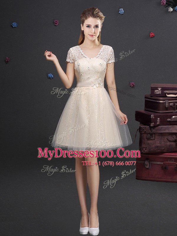 Short Sleeves Lace Up Mini Length Lace and Appliques and Belt Bridesmaid Dress