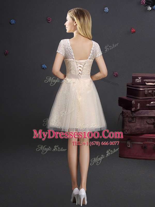 Short Sleeves Lace Up Mini Length Lace and Appliques and Belt Bridesmaid Dress