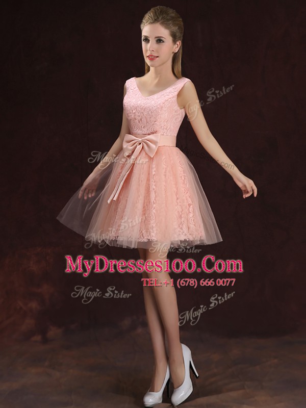Peach Tulle and Lace Lace Up V-neck Sleeveless Mini Length Wedding Guest Dresses Lace and Bowknot