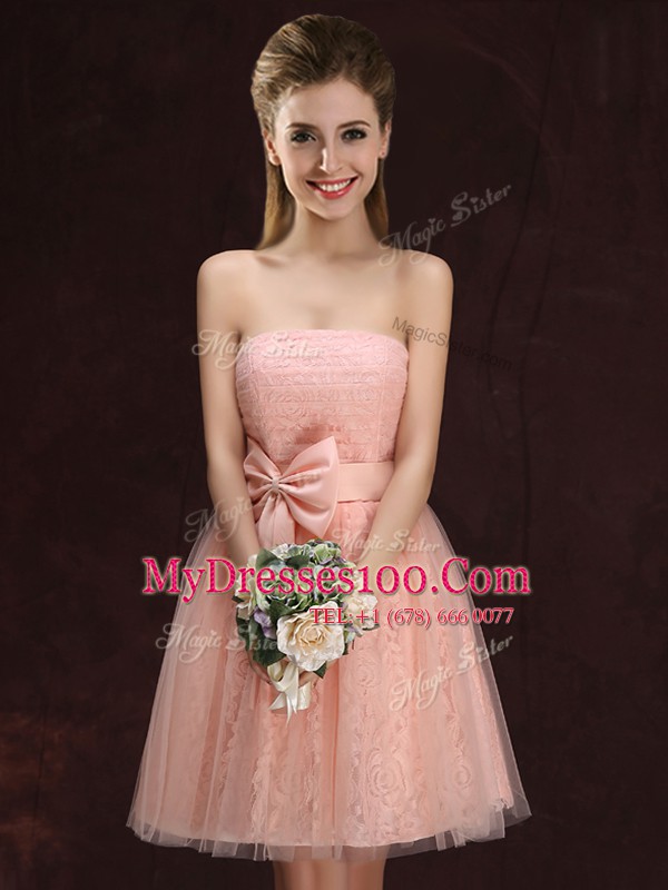 Peach Tulle and Lace Lace Up V-neck Sleeveless Mini Length Wedding Guest Dresses Lace and Bowknot