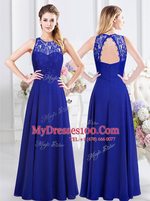Royal Blue Empire V-neck Sleeveless Chiffon Floor Length Zipper Lace and Ruffles and Ruching Bridesmaid Dress