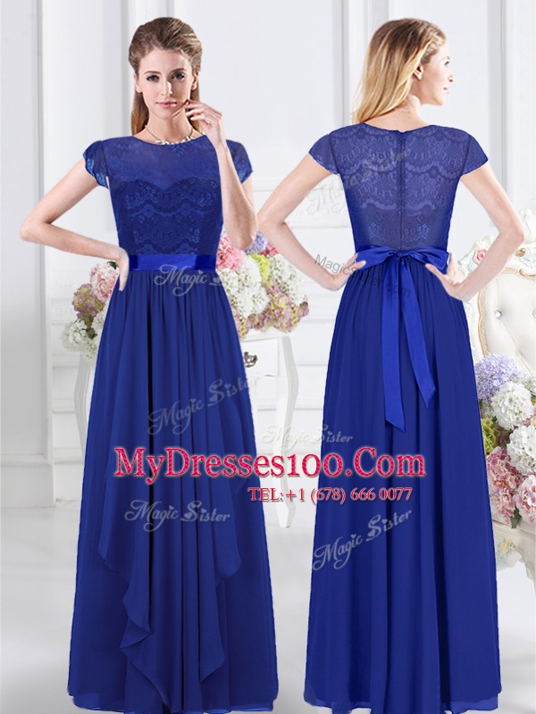 Royal Blue Empire V-neck Sleeveless Chiffon Floor Length Zipper Lace and Ruffles and Ruching Bridesmaid Dress