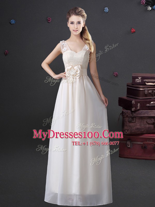 Sleeveless Zipper Floor Length Lace and Appliques and Bowknot Wedding Guest Dresses