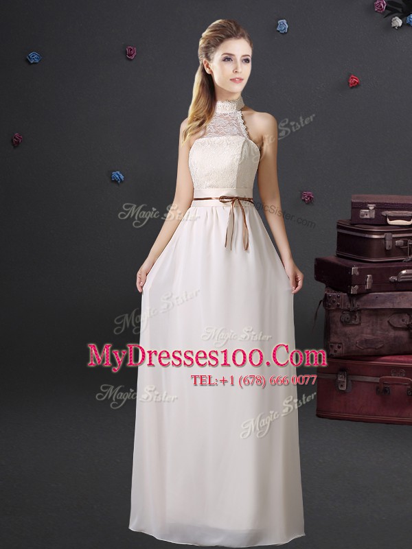 Custom Designed Halter Top White Sleeveless Lace and Belt Floor Length Wedding Guest Dresses