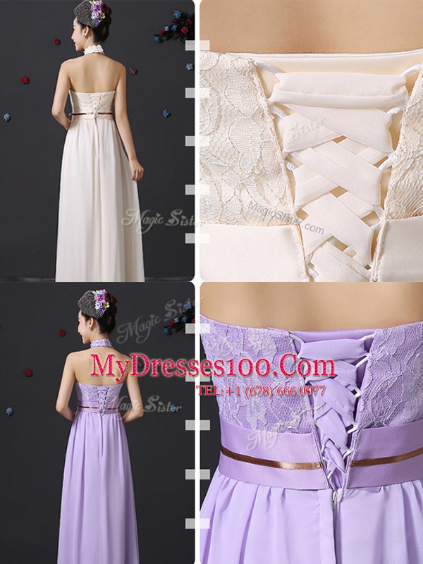 Custom Designed Halter Top White Sleeveless Lace and Belt Floor Length Wedding Guest Dresses
