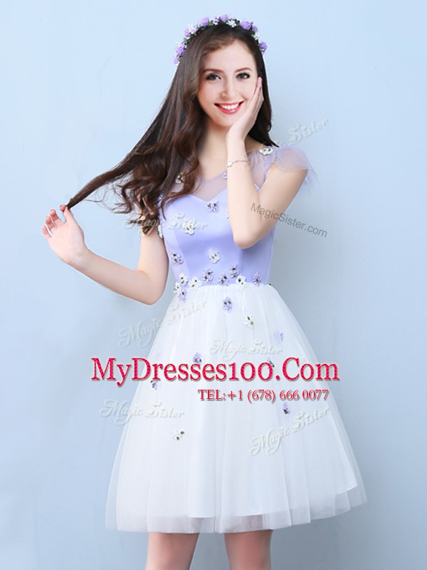 Ideal White Tulle Lace Up V-neck Cap Sleeves Knee Length Bridesmaids Dress Appliques