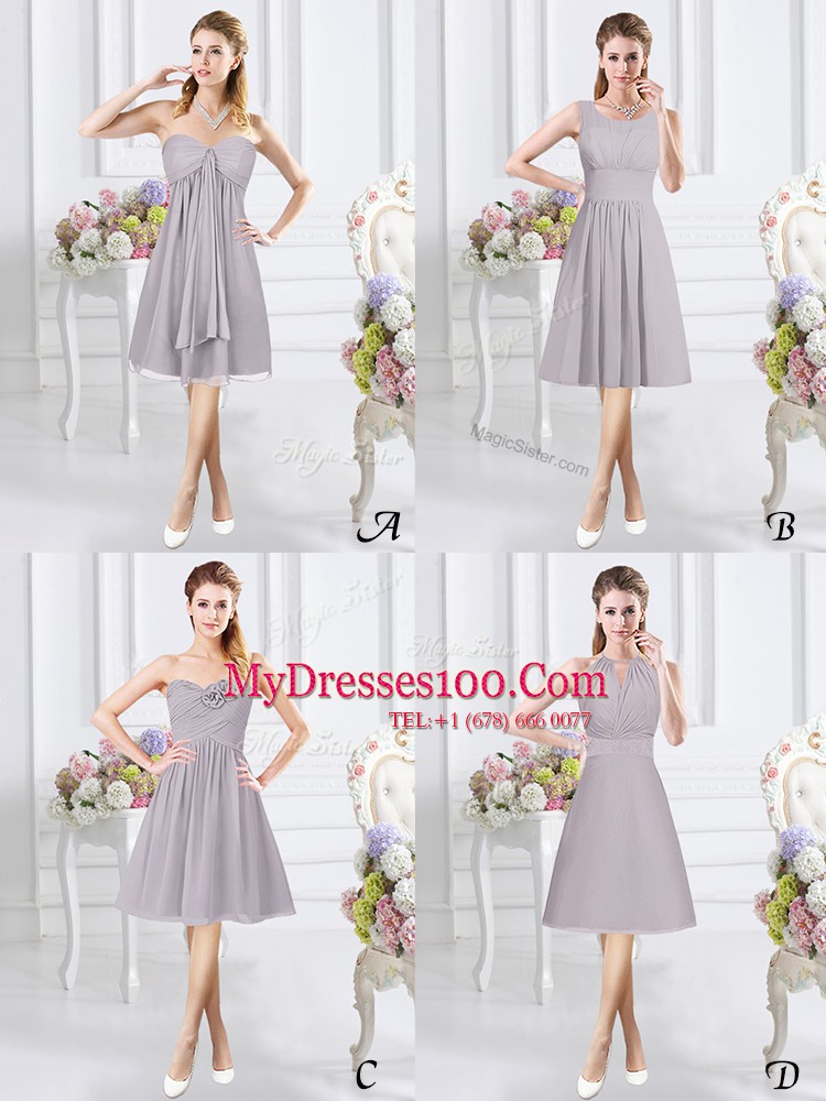 Scoop Sleeveless Chiffon Knee Length Zipper Bridesmaid Dress in Grey with Ruching