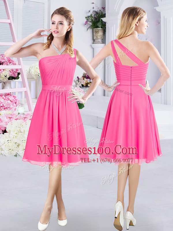 Cheap One Shoulder Hot Pink Sleeveless Chiffon Zipper Dama Dress for Prom and Party and Wedding Party