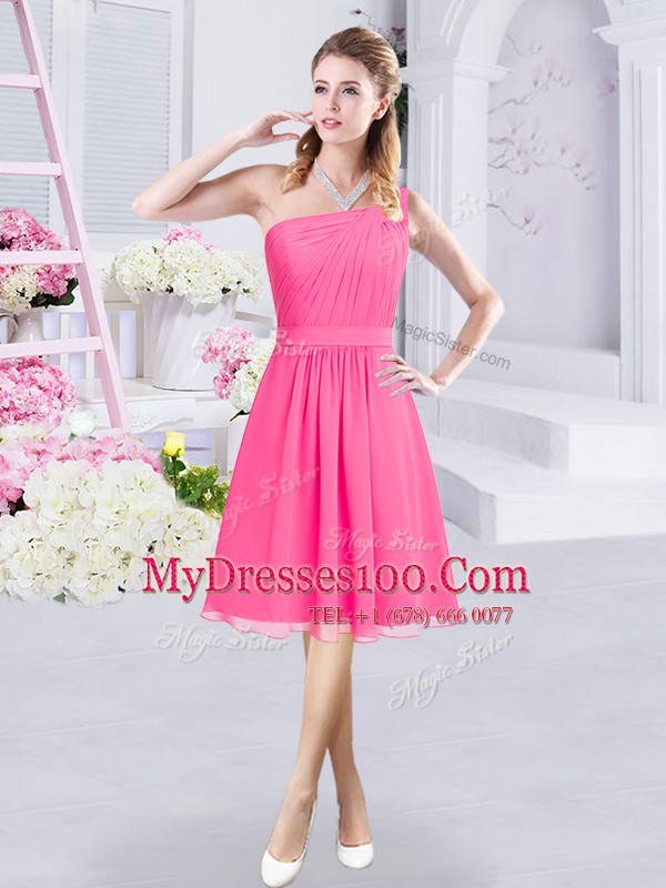 Cheap One Shoulder Hot Pink Sleeveless Chiffon Zipper Dama Dress for Prom and Party and Wedding Party