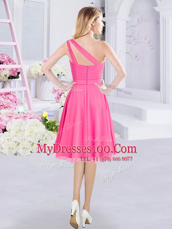 Cheap One Shoulder Hot Pink Sleeveless Chiffon Zipper Dama Dress for Prom and Party and Wedding Party