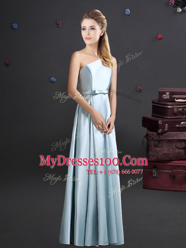 Excellent One Shoulder Light Blue Elastic Woven Satin Zipper Bridesmaid Dresses Sleeveless Bowknot