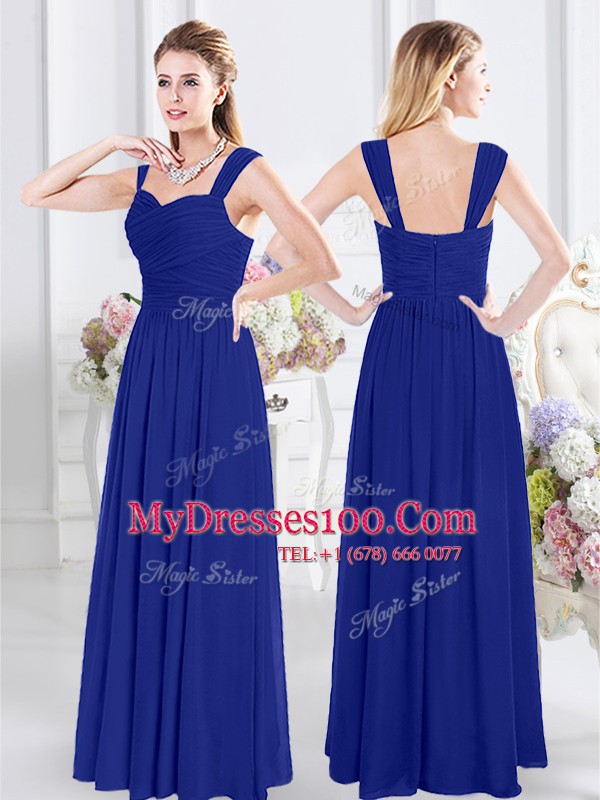Sweet Royal Blue Chiffon Zipper Straps Sleeveless Floor Length Bridesmaids Dress Ruching