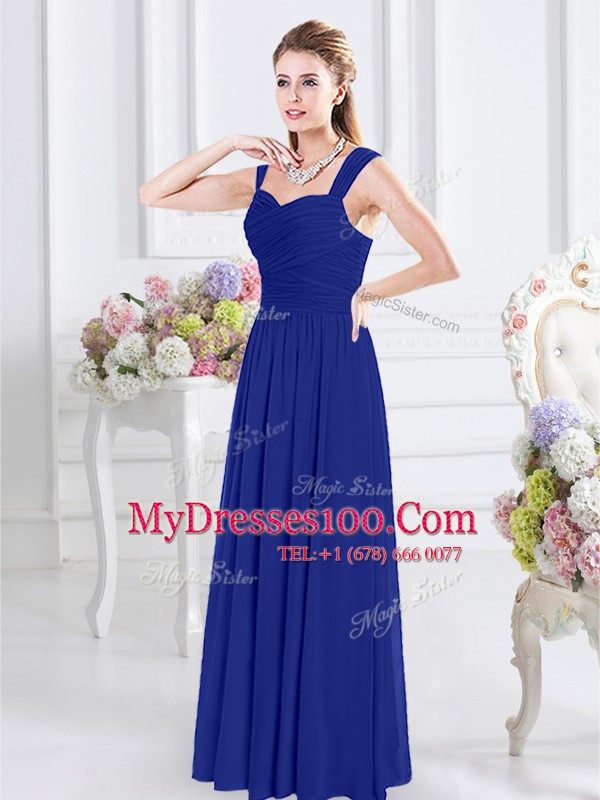 Sweet Royal Blue Chiffon Zipper Straps Sleeveless Floor Length Bridesmaids Dress Ruching