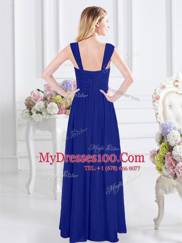 Sweet Royal Blue Chiffon Zipper Straps Sleeveless Floor Length Bridesmaids Dress Ruching