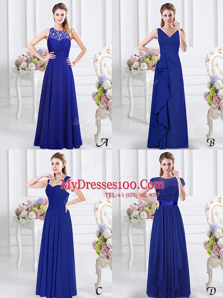 Sweet Royal Blue Chiffon Zipper Straps Sleeveless Floor Length Bridesmaids Dress Ruching