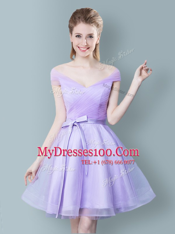Glittering V-neck Cap Sleeves Zipper Bridesmaids Dress Lavender Tulle